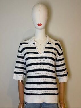 French Connection Striped Crochet Knit Polo Shirt L